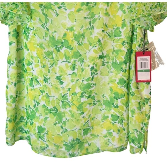 NWT Vince Camuto Large Floral Lime Green & Yellow Short Sleeve Blouse - Picture 6 of 13